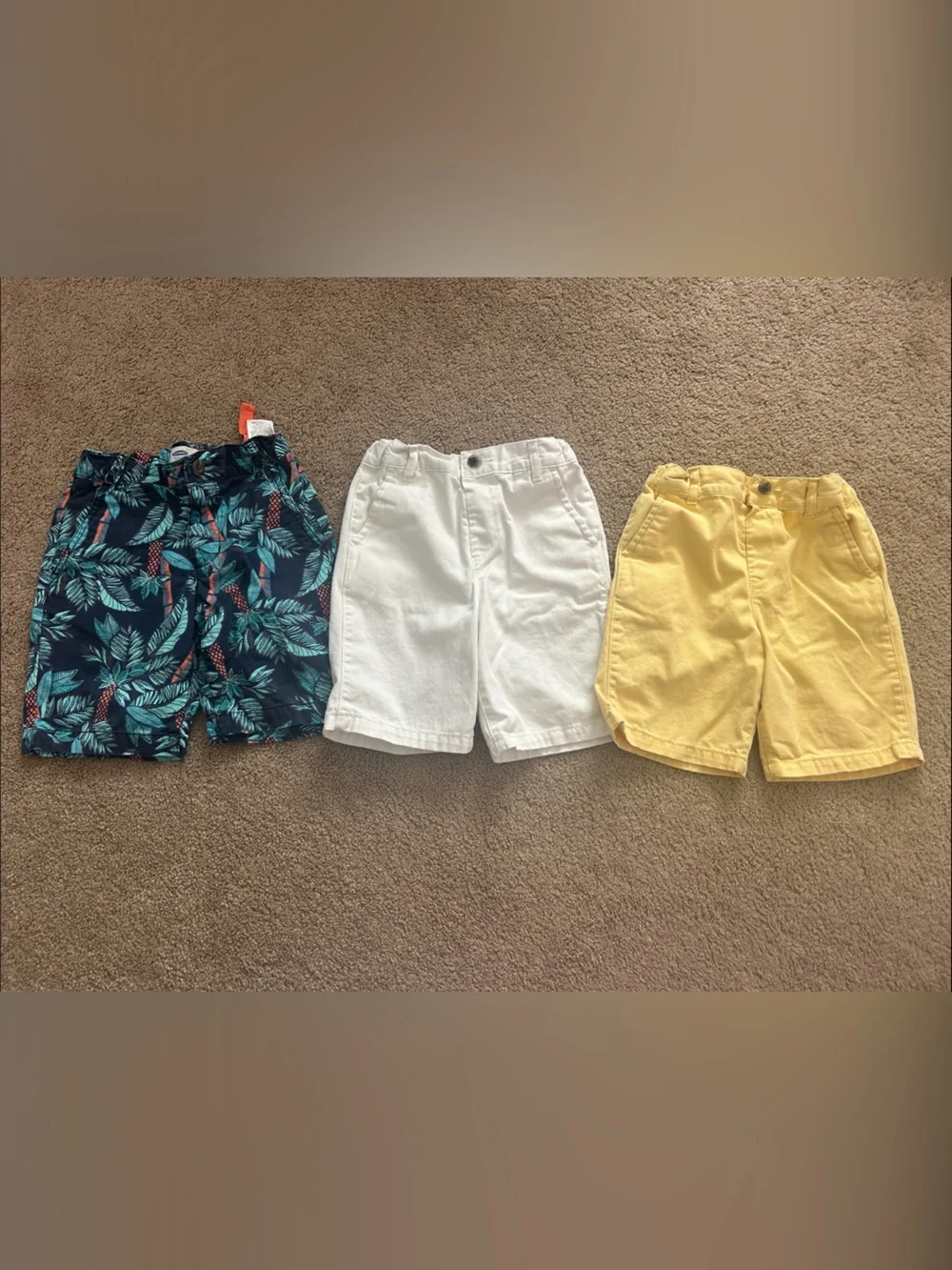 Bundle of 3 boys Palm Leaf chino Shorts, White , and Yellow Shorts